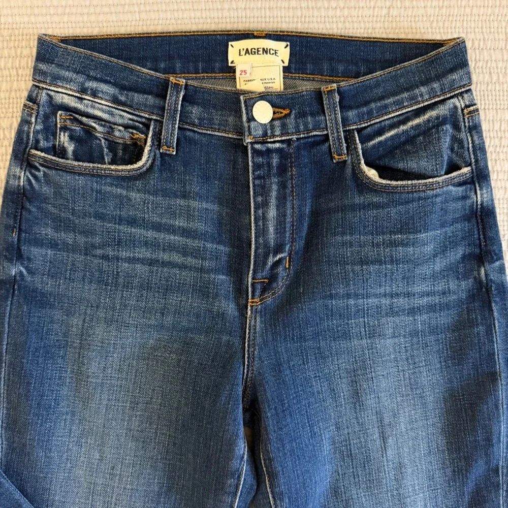 L'AGENCE High Rise Straight‎ Leg Raw Hem Jeans Dark Wash Blue Womens Size 25